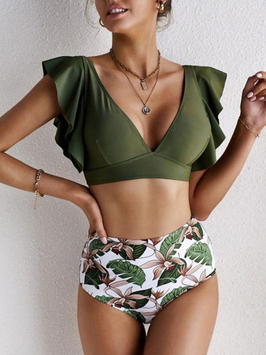 Ruffled Printed V-Neck Two-Piece Swim Set - Siennasass