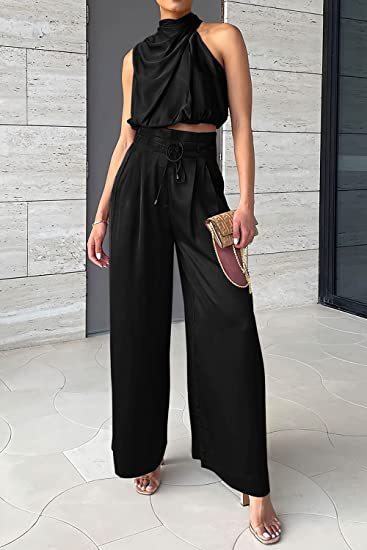 Midriff-baring Top And Wide Leg Pants 2pcs Set