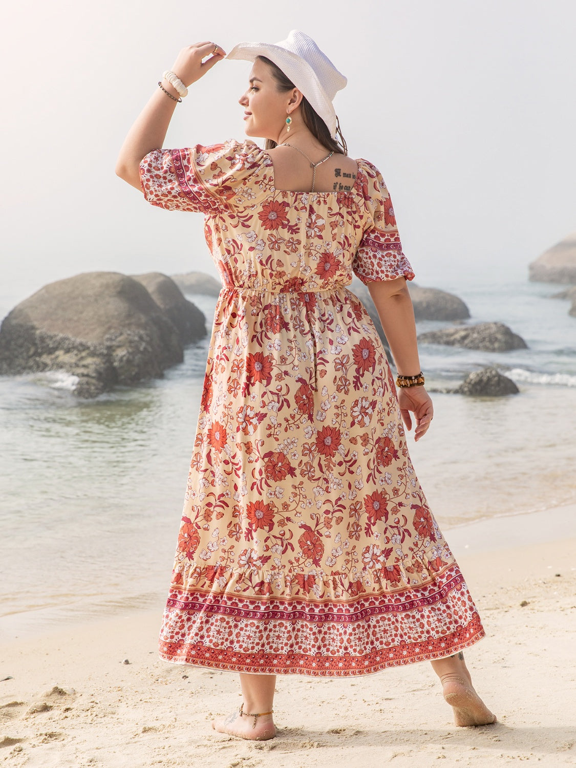 Plus Size Printed Square Neck Ruffle Hem Dress - Siennasass
