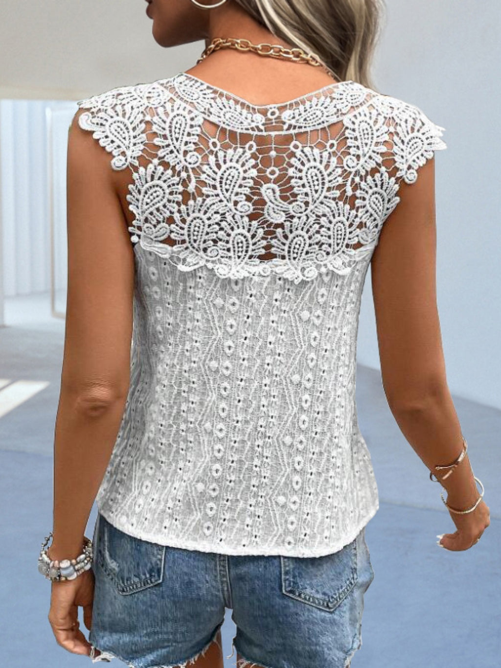 Cutout Lace Detail Notched Blouse - Siennasass