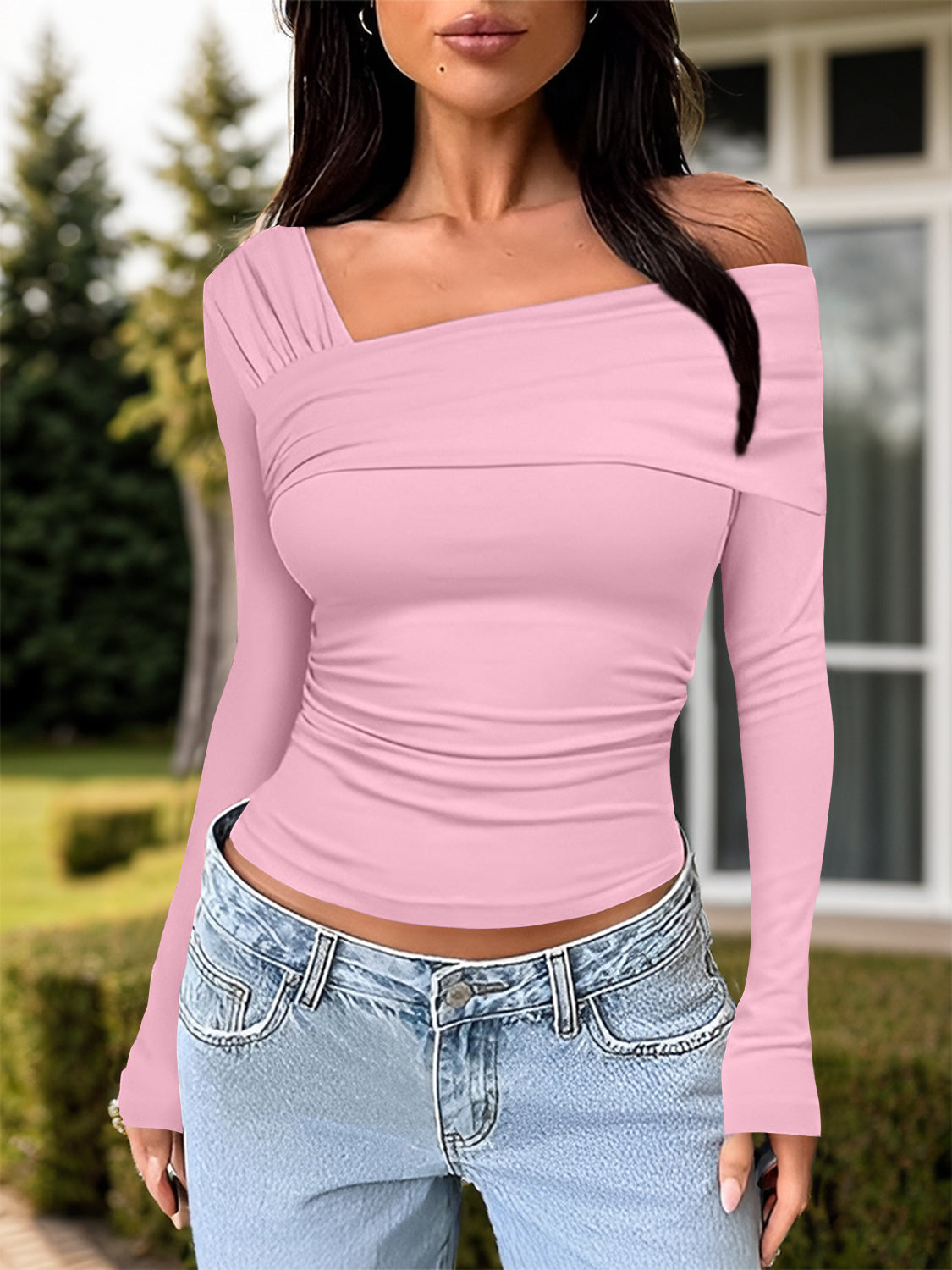 Ruched One Shoulder Long Sleeve T-Shirt - Siennasass