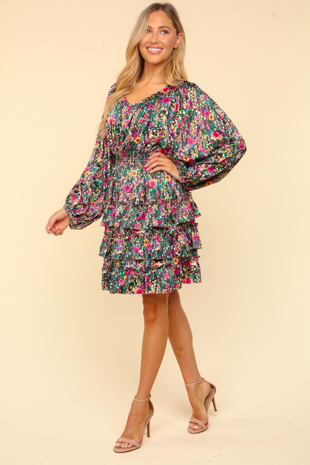 Haptics V-Neck Satin Floral Layered Dress - Siennasass