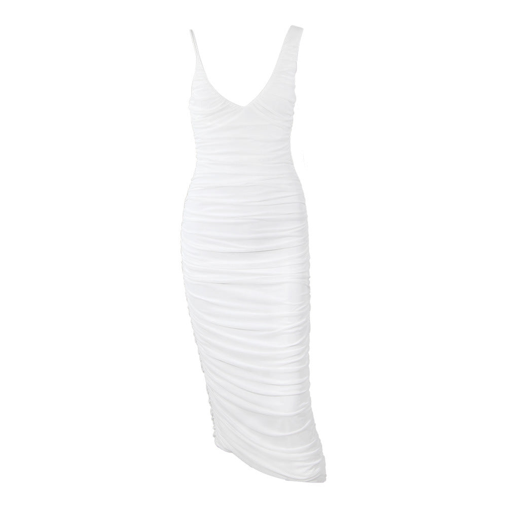 White Mesh Slim Irregular Long Skirt OL Pleated Sleeveless Dress