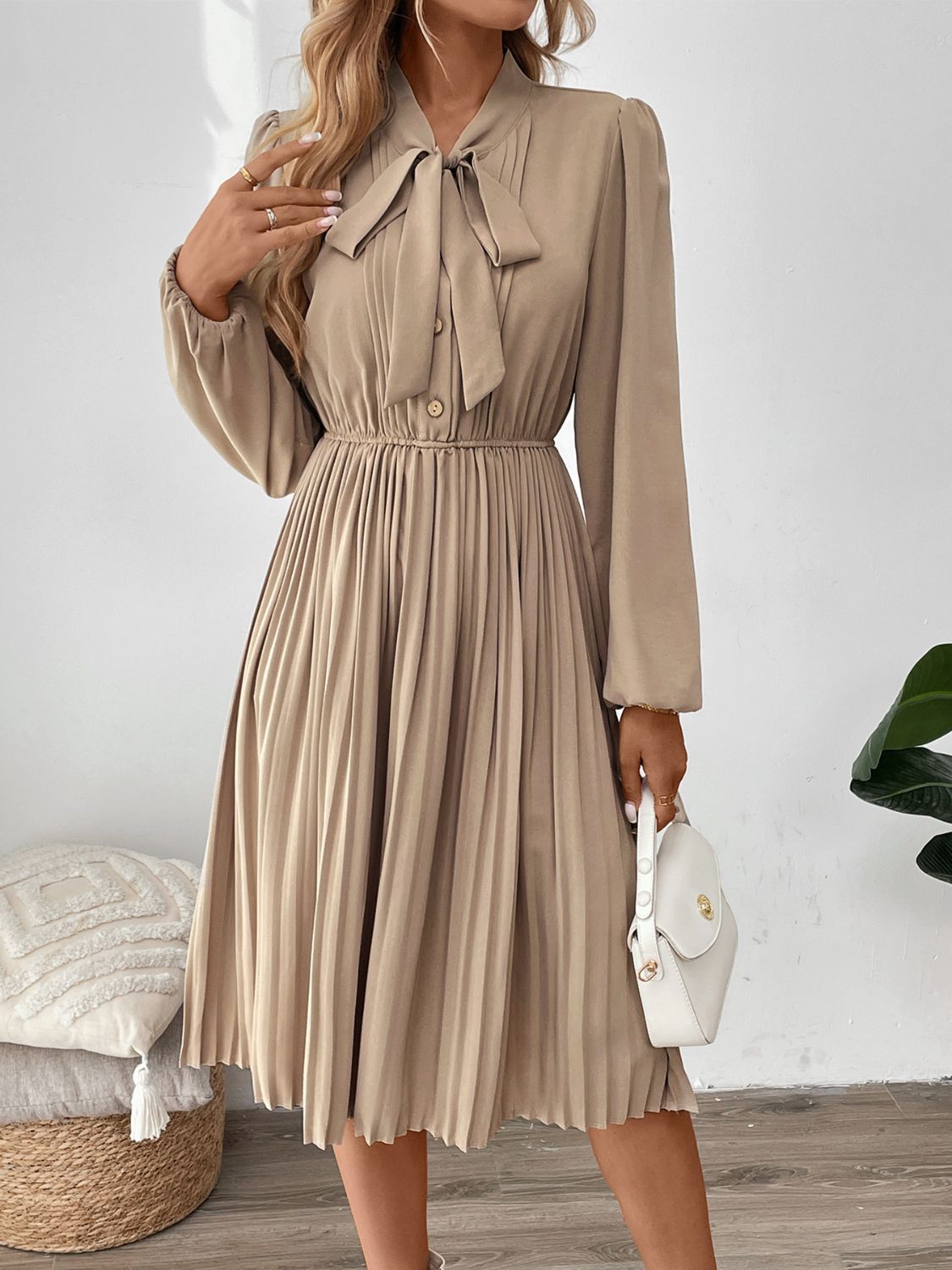 Perfee Pleated Tie Neck Long Sleeve Dress - Siennasass