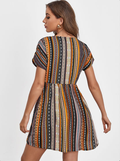 Pocketed Striped Short Sleeve Dress - Siennasass