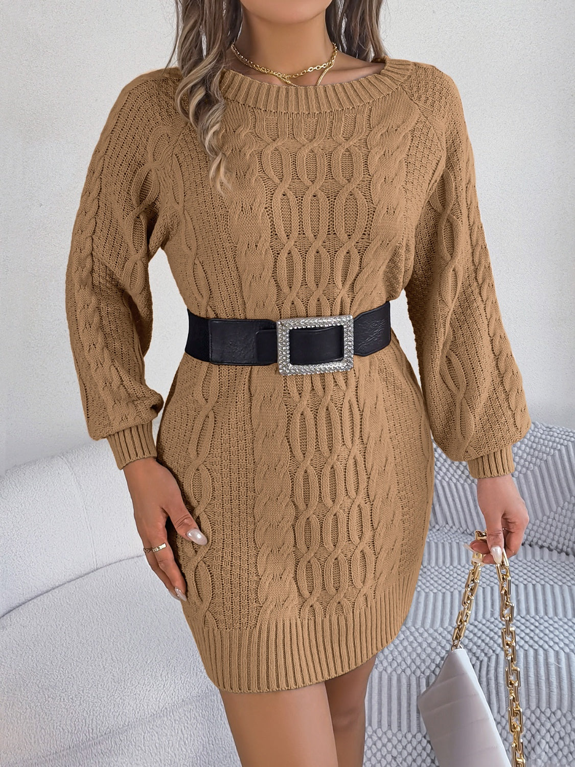 Cable-Knit Round Neck Sweater Dress - Siennasass