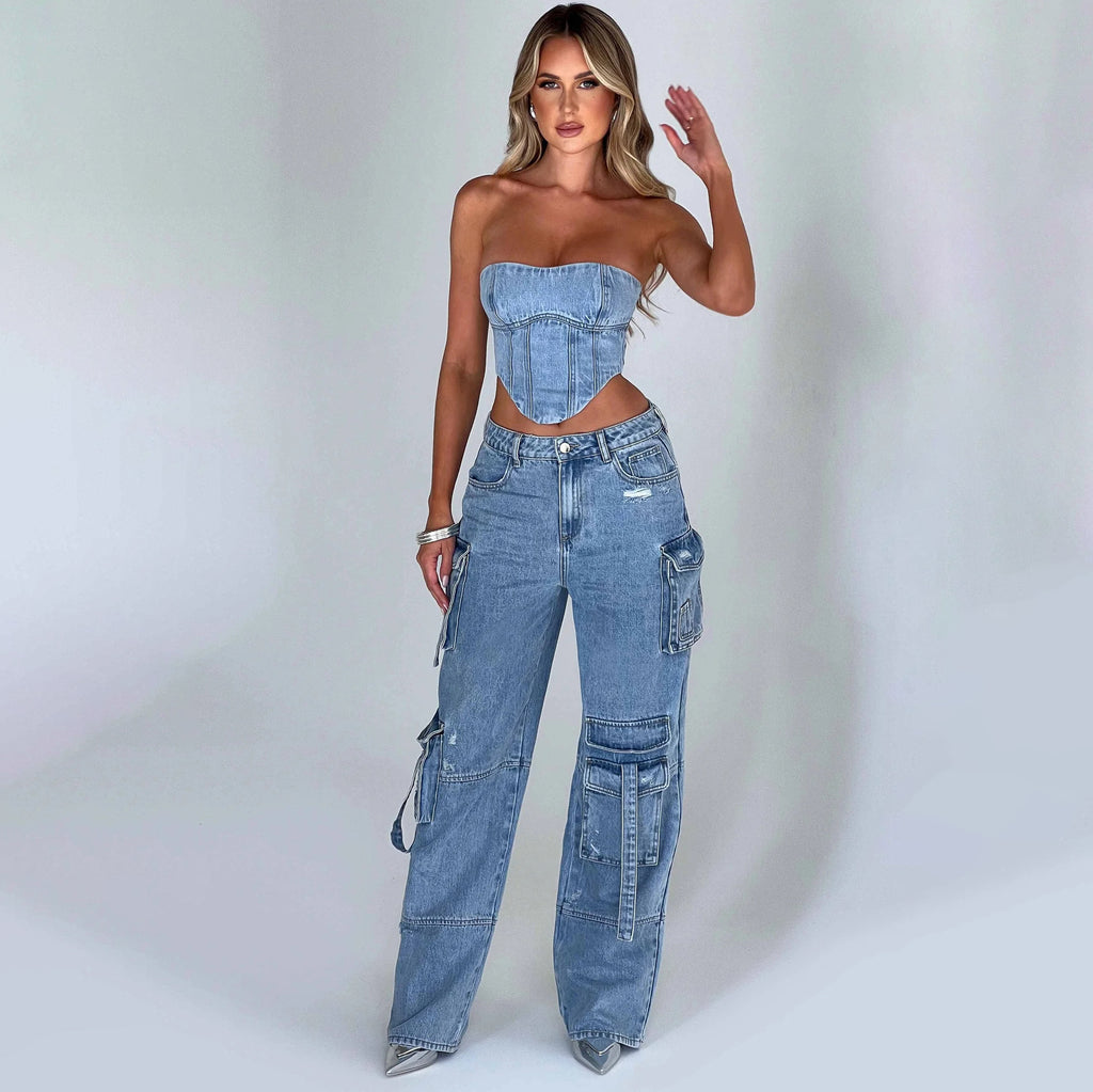 Low Waist Tube Top And Pocket Stitching Jeans Pants