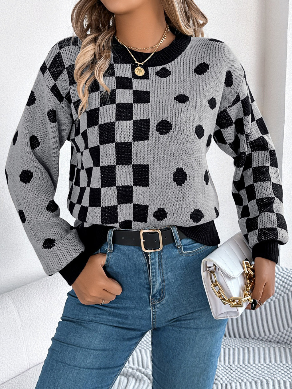 Plaid Round Neck Long Sleeve Sweater - Siennasass