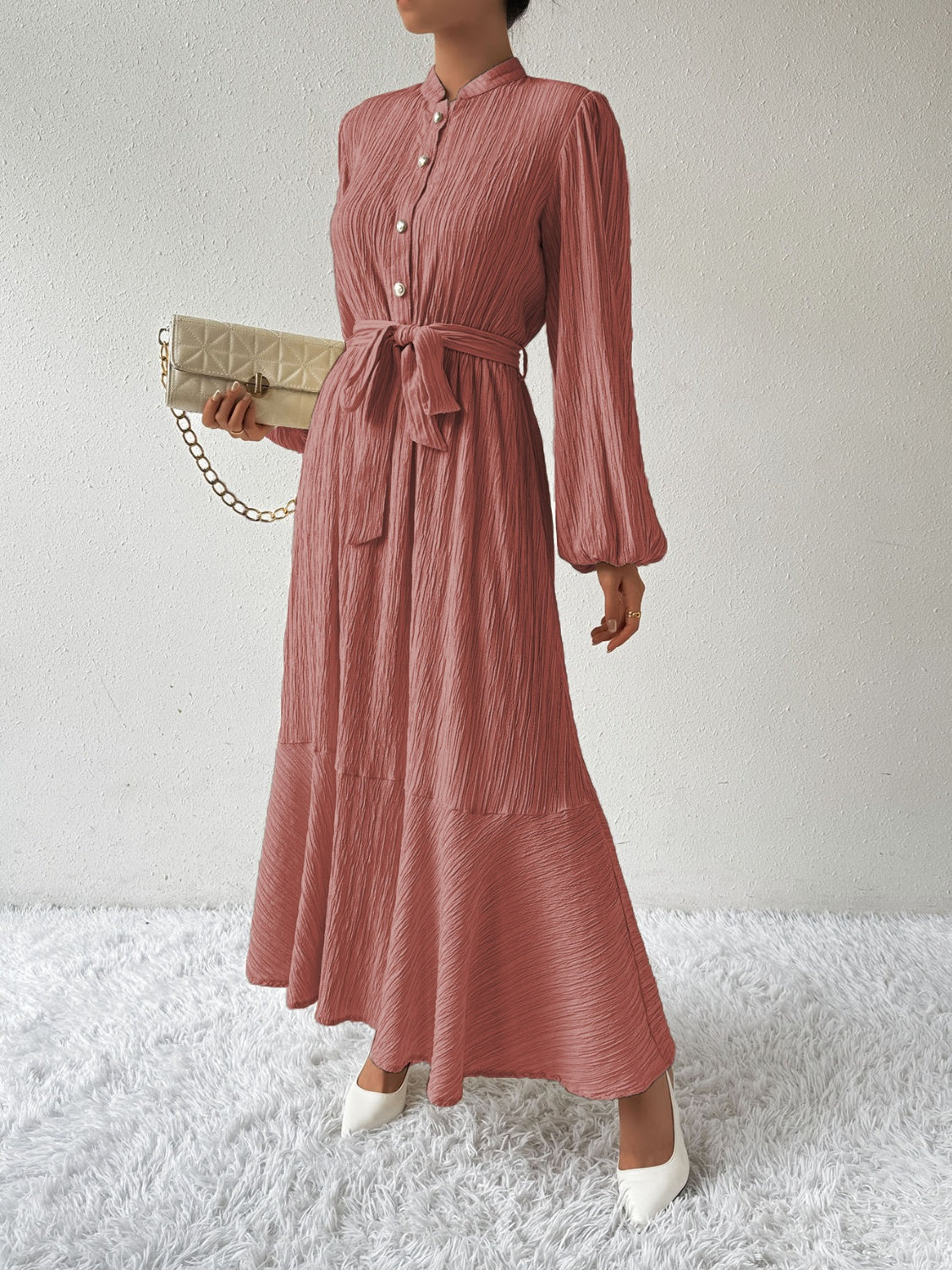 Tie Waist Long Sleeve Dress - Siennasass