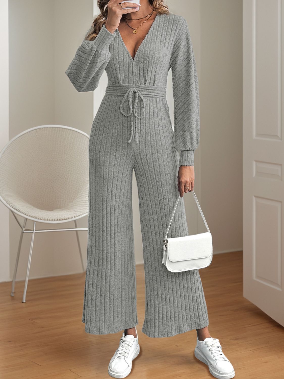 V-Neck Long Sleeve Wide Leg Jumpsuit - Siennasass