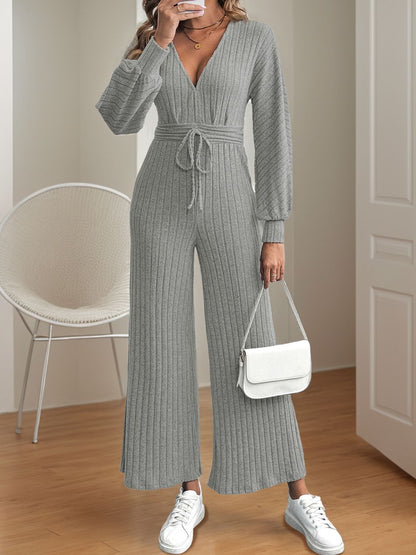 V-Neck Long Sleeve Wide Leg Jumpsuit - Siennasass