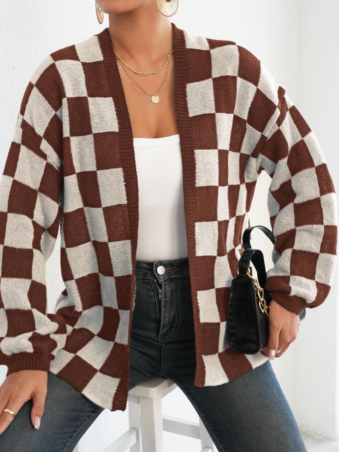Checkered Open Front Long Sleeve Cardigan - Siennasass