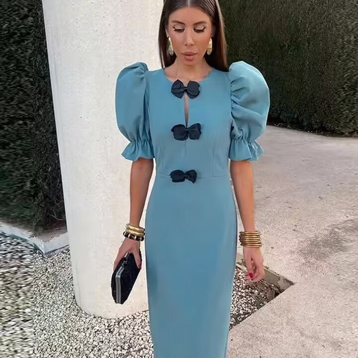 Solid Color Puff Sleeve Bow Dress