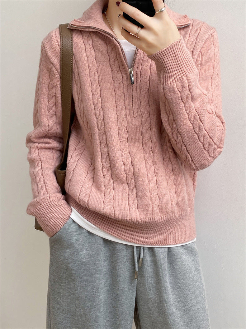 Cable-Knit Half Zip Long Sleeve Sweater - Siennasass