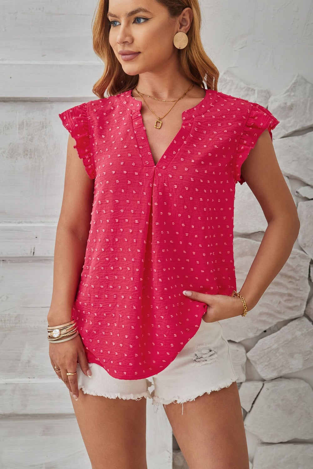 Swiss Dot Ruffled Cap Sleeve T-Shirt - Siennasass