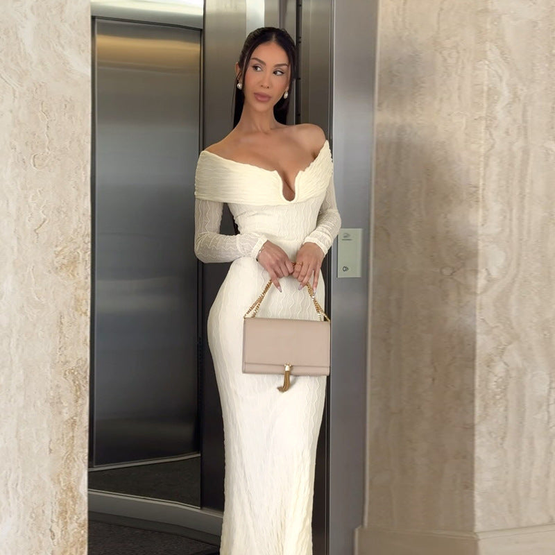 Metal Buckle Off-shoulder Long Sleeve Dress