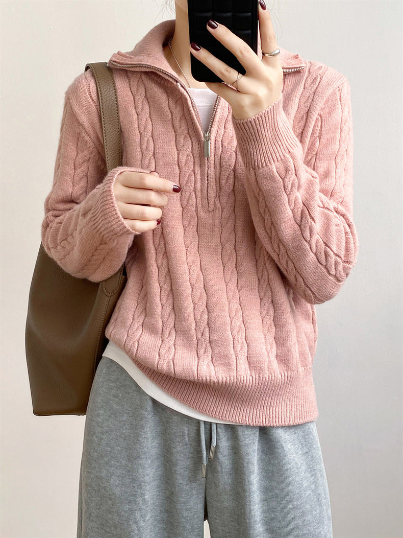 Cable-Knit Half Zip Long Sleeve Sweater - Siennasass