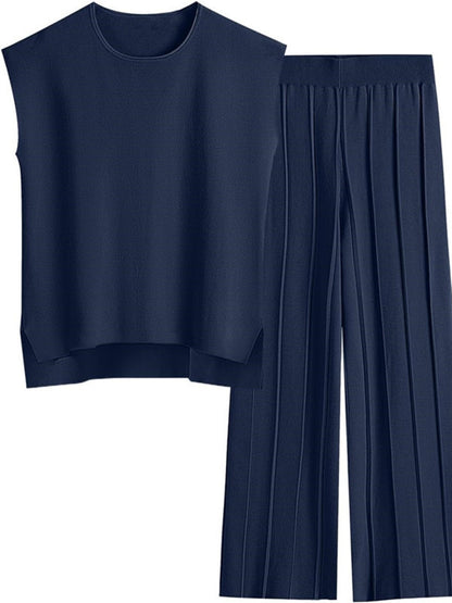 Round Neck Cap Sleeve Top and Pants Knit Set - Siennasass