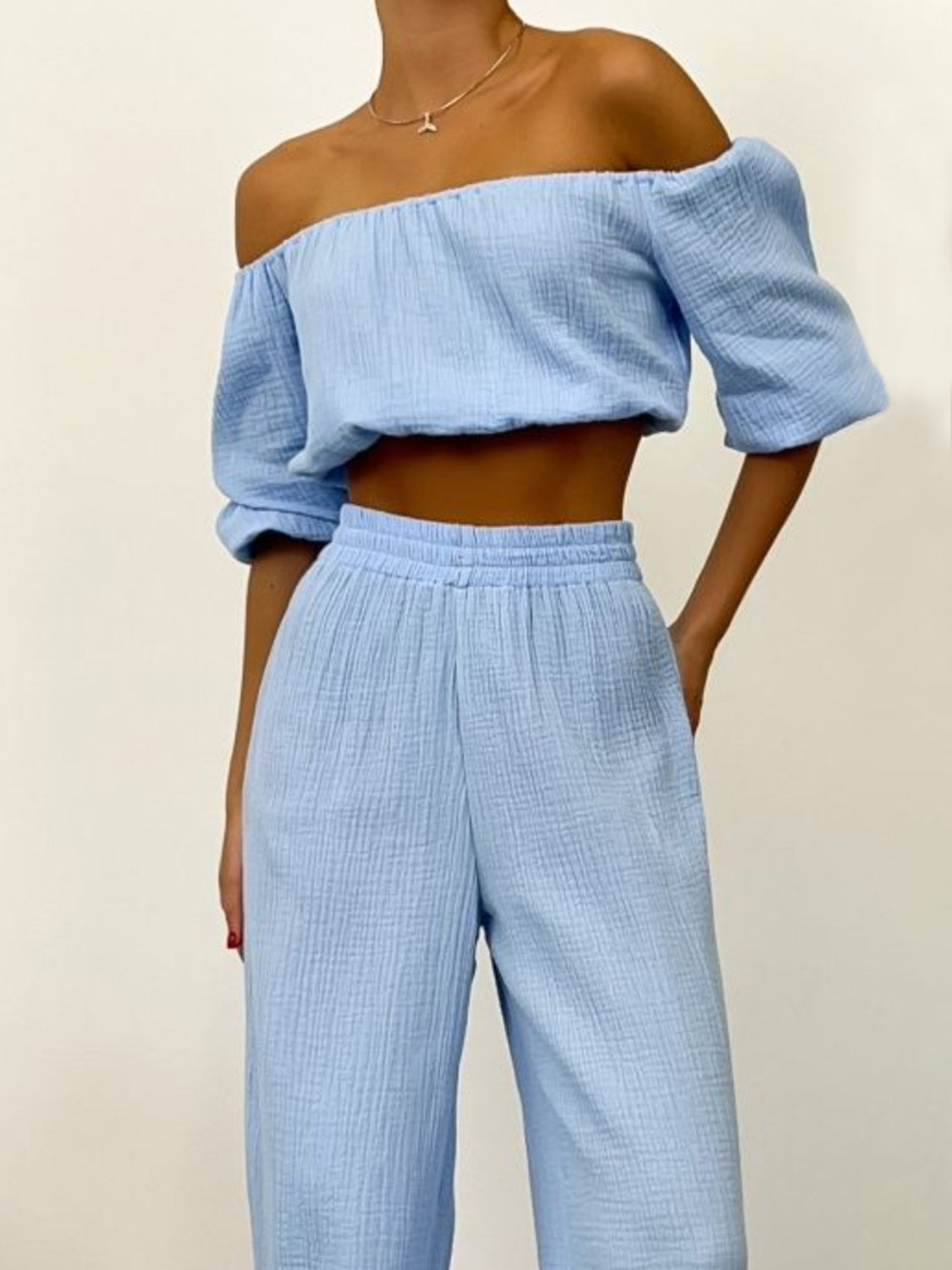Off Shoulder Long Sleeve Top and Pants Set - Siennasass
