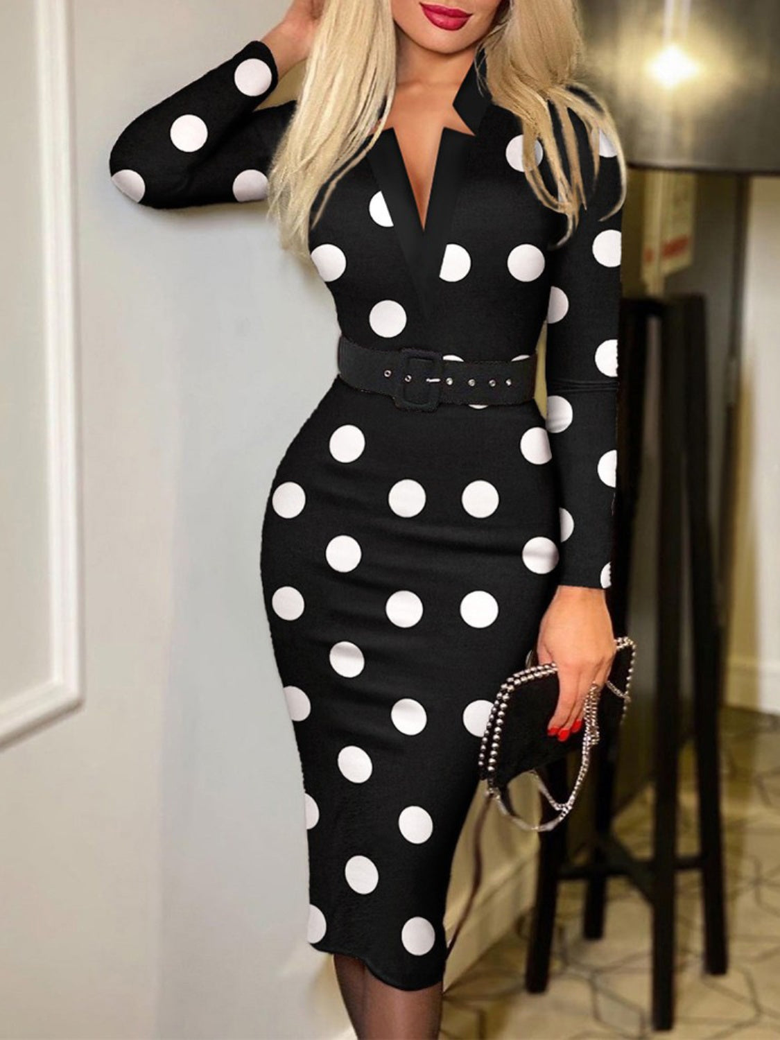 Printed Notched Long Sleeve Wrap Dress - Siennasass