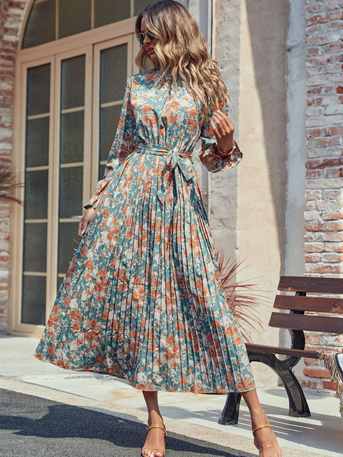 Perfee Tied Pleated Printed Mock Neck Long Sleeve Dress - Siennasass