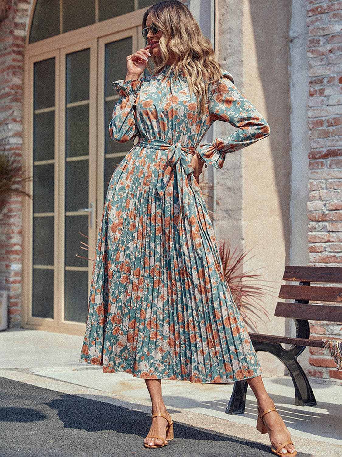 Perfee Tied Pleated Printed Mock Neck Long Sleeve Dress - Siennasass