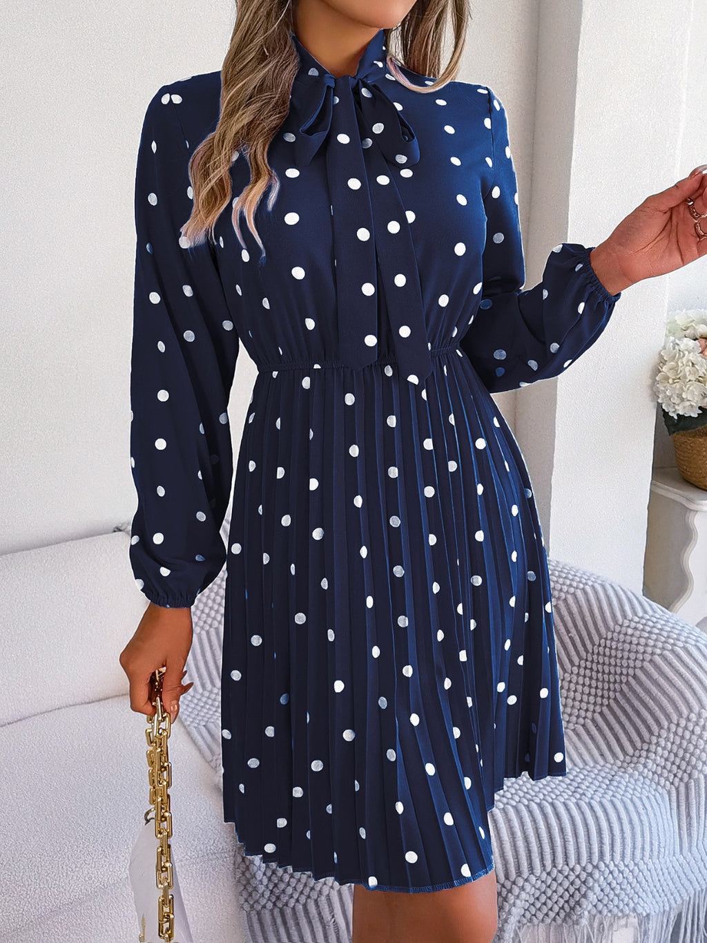 Polka Dot Tie Neck Pleated Dress - Siennasass