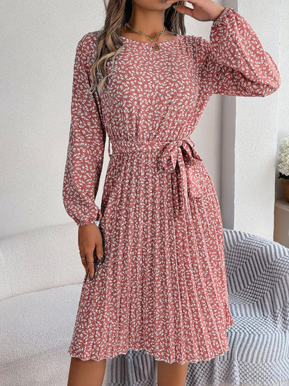 Ditsy Floral Tie Waist Pleated Dress - Siennasass