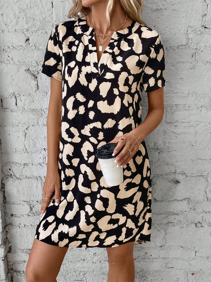 Printed Notched Short Sleeve Mini Dress - Siennasass
