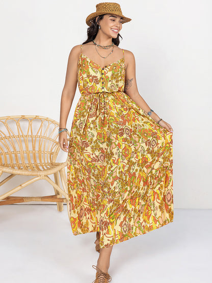 Plus Size Printed V-Neck Maxi Cami Dress - Siennasass