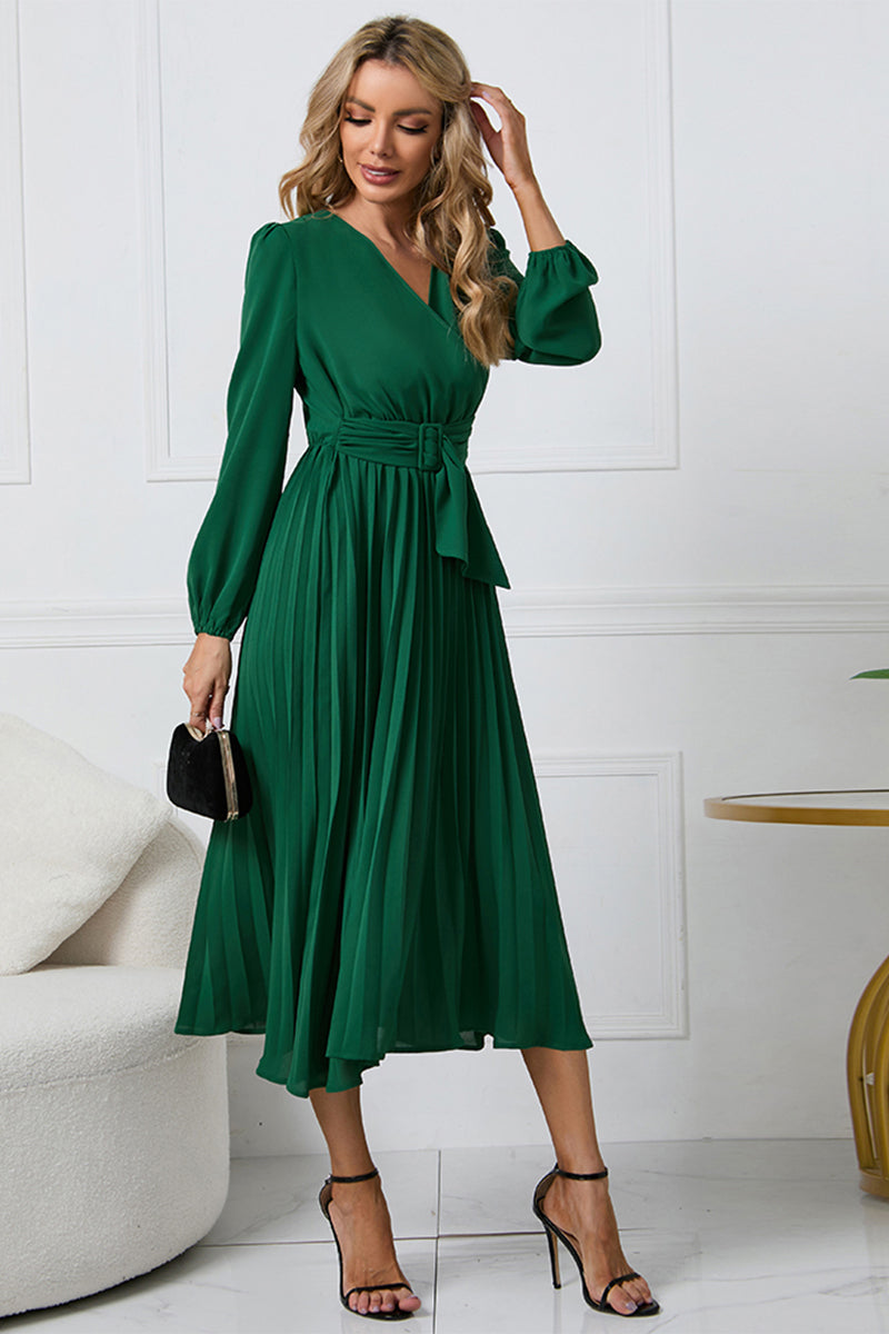V-Neck Long Sleeve Tie Waist Midi Dress - Siennasass