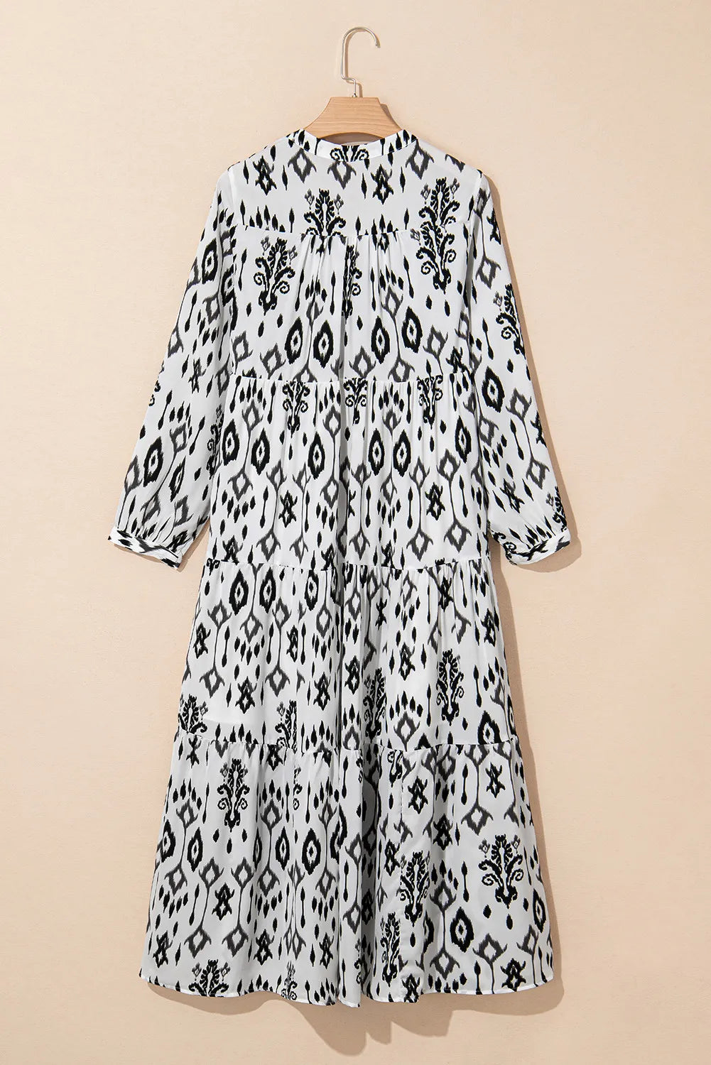 Tiered Printed Notched Long Sleeve Midi Dress - Siennasass