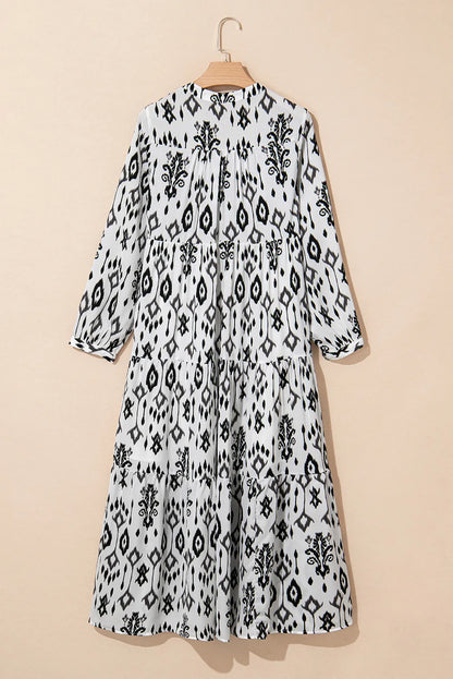 Tiered Printed Notched Long Sleeve Midi Dress - Siennasass