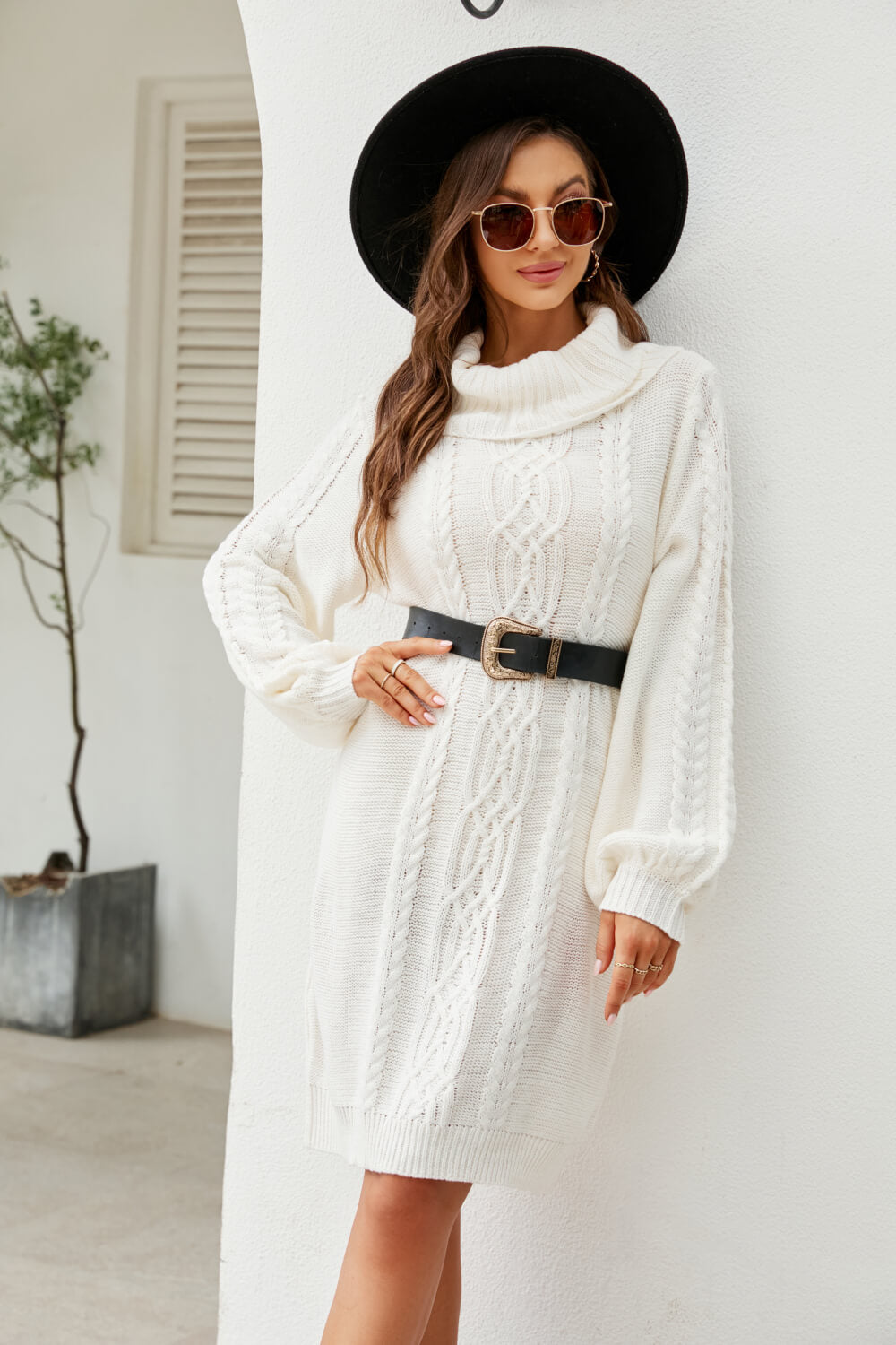 Woven Right Mixed Knit Turtleneck Lantern Sleeve Sweater Dress - Siennasass