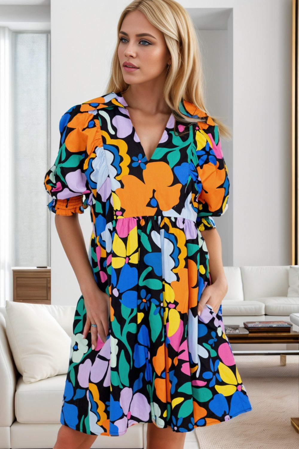 Printed Johnny Collar Half Sleeve Mini Dress - Siennasass