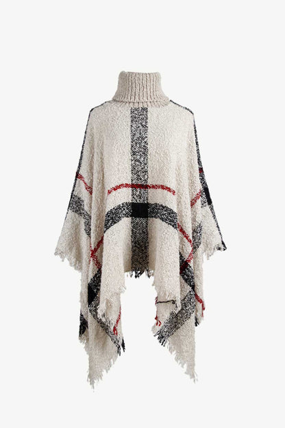 Plaid Turtleneck Raw Hem Poncho - Siennasass