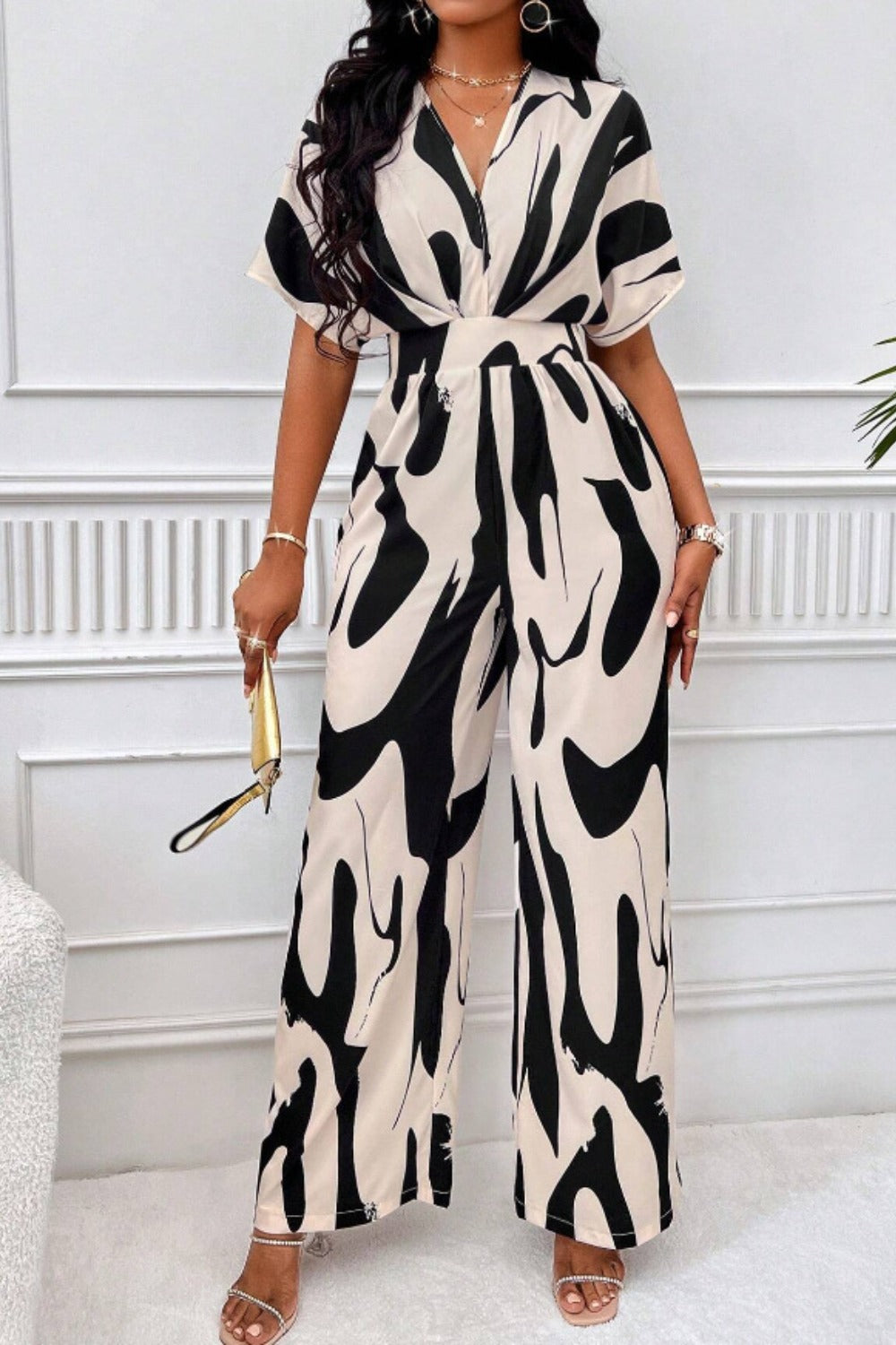 Printed V-Neck Short Sleeve Wide Leg Jumpsuit - Siennasass
