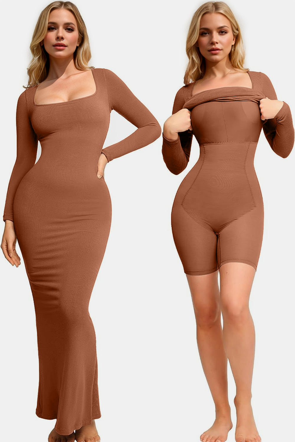 Basic Bae – Integrierte Shapewear – Maxikleid mit eckigem Ausschnitt und langen Ärmeln