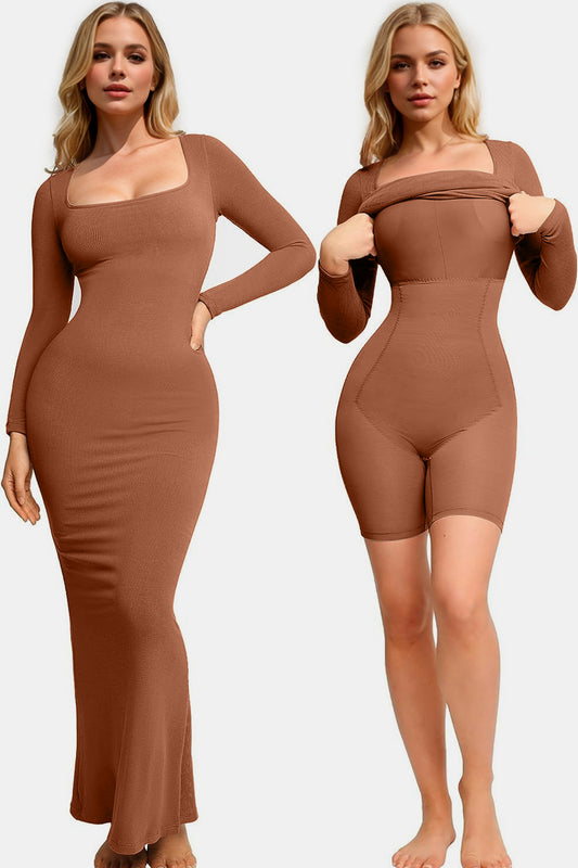 Basic Bae – Integrierte Shapewear – Maxikleid mit eckigem Ausschnitt und langen Ärmeln