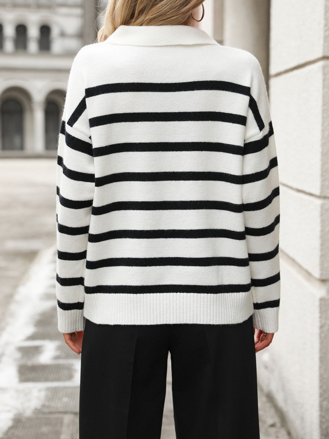 Striped Johnny Collar Long Sleeve Sweater - Siennasass