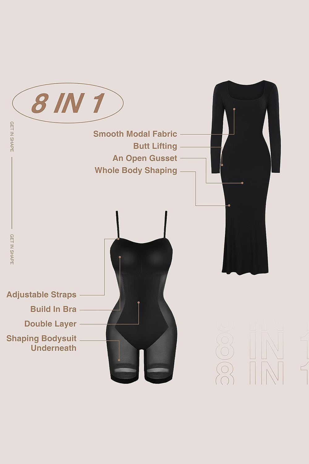 Basic Bae – Integrierte Shapewear – Maxikleid mit eckigem Ausschnitt und langen Ärmeln