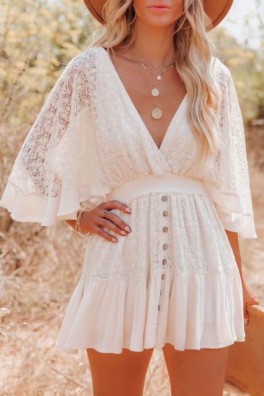 Lace Cutout Surplice Half Sleeve Dress - Siennasass