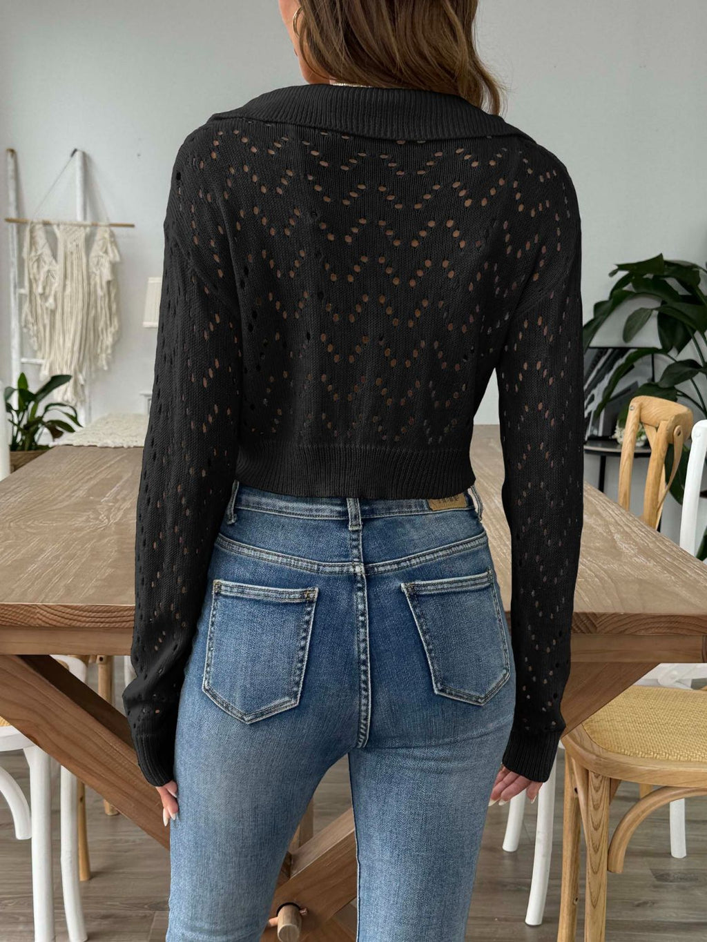 Openwork Collared Neck Long Sleeve Knit Top - Siennasass