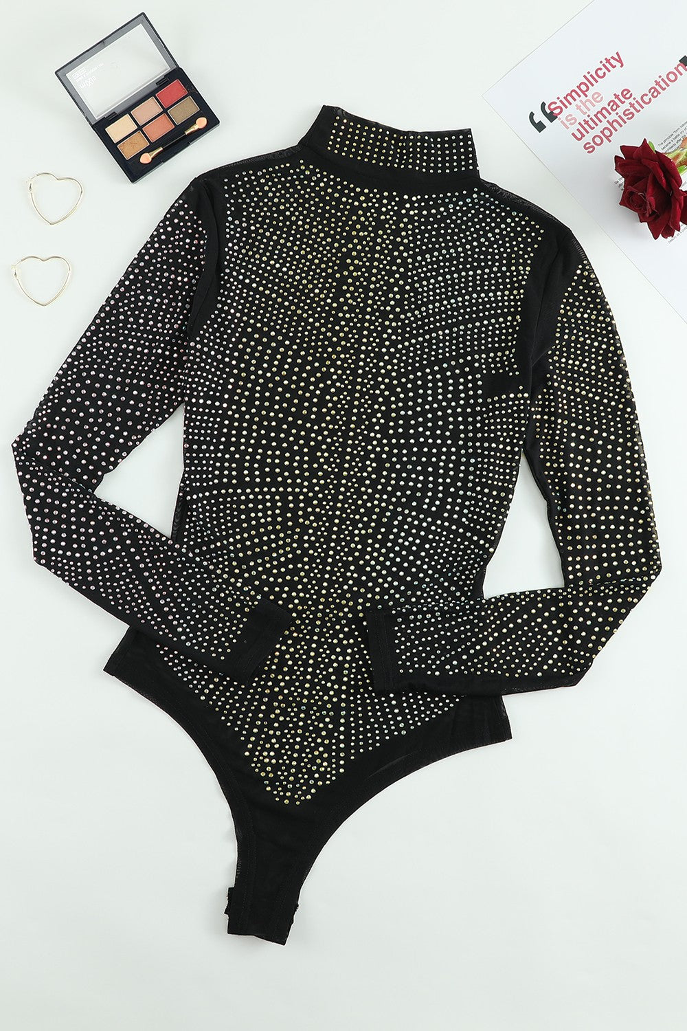 Rhinestone Mock Neck Long Sleeve Bodysuit - Siennasass