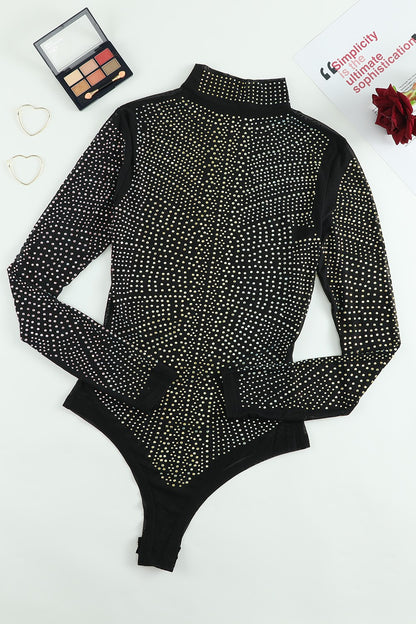 Rhinestone Mock Neck Long Sleeve Bodysuit - Siennasass