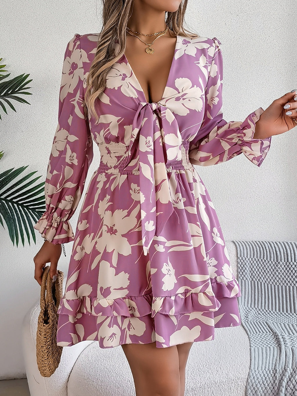 Tied Ruffled Printed Long Sleeve Dress - Siennasass