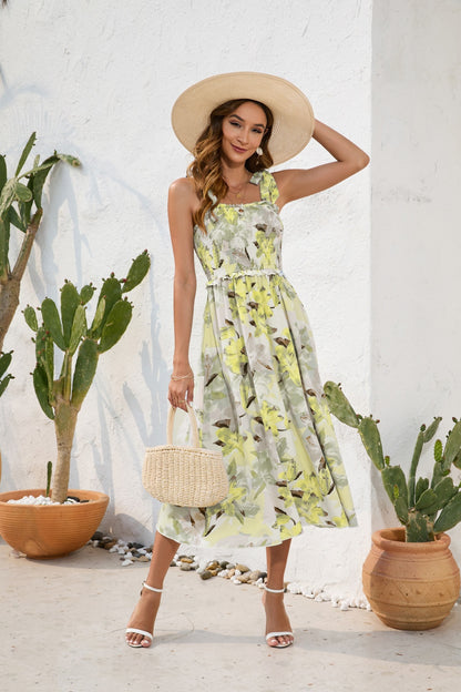 Smocked Printed Square Neck Midi Dress - Siennasass