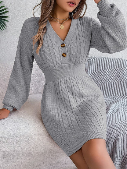 Buttoned Cable-Knit V-Neck Sweater Dress - Siennasass