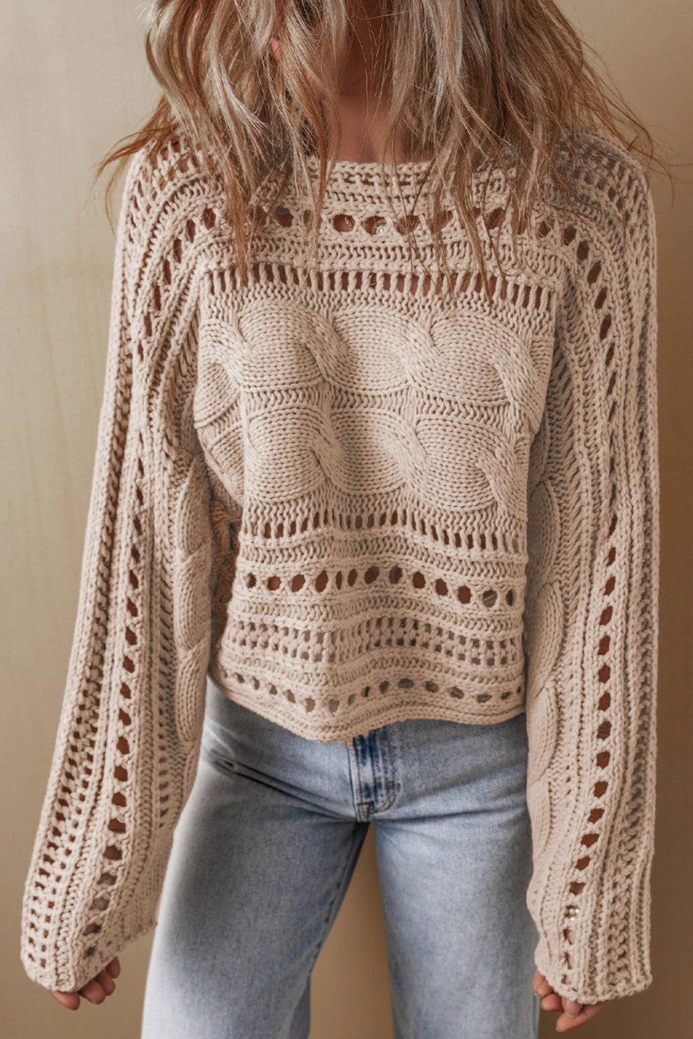 Cable-Knit Openwork Long Sleeve Sweater - Siennasass