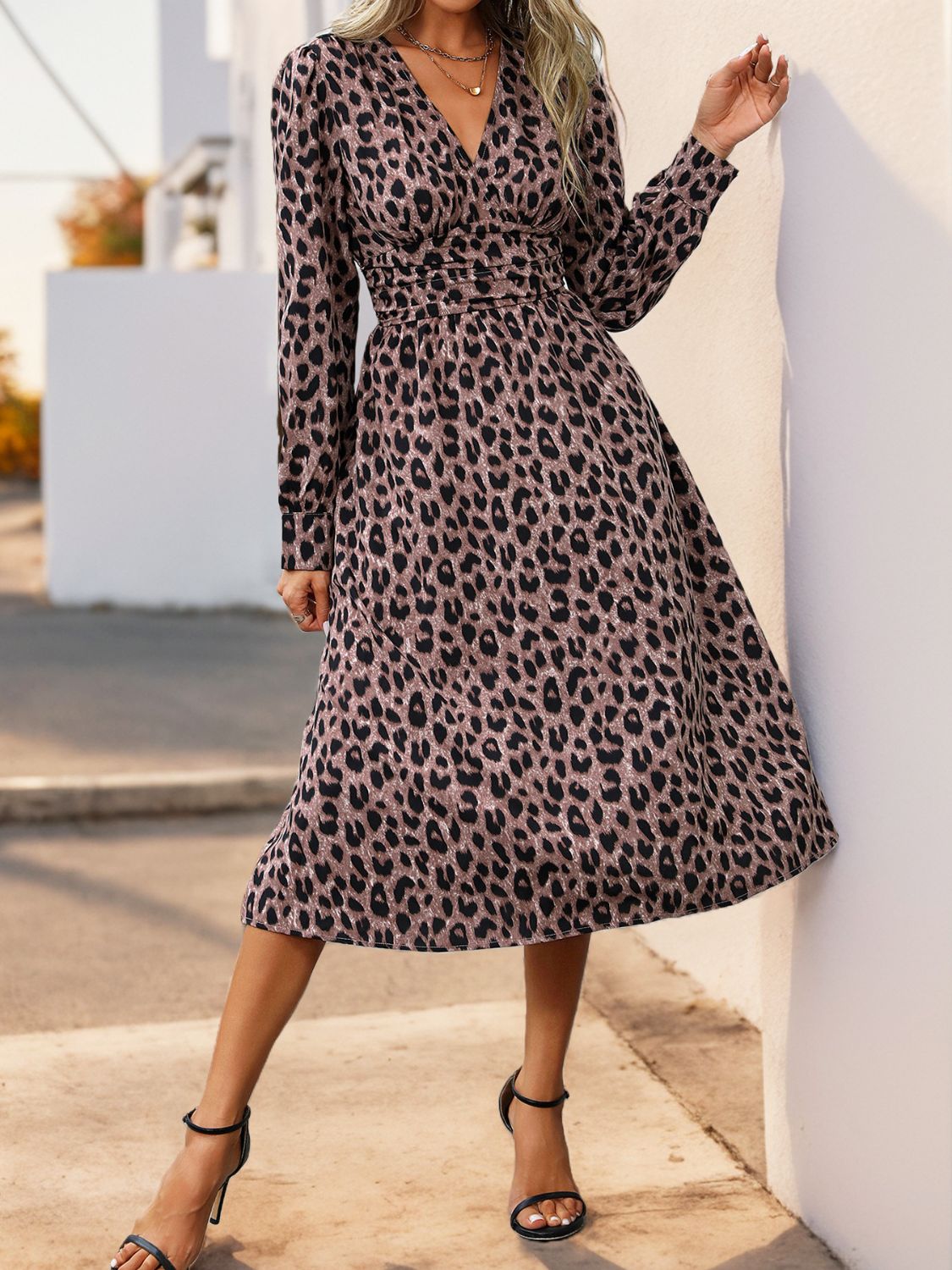 Perfee Leopard Surplice Long Sleeve Midi Dress - Siennasass